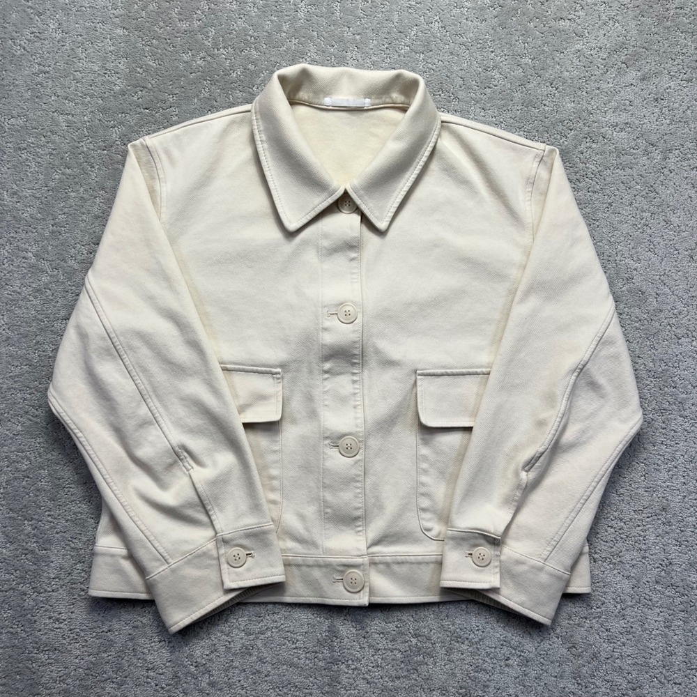 Uniqlo Jacket Womens XL Cream Off White Jersey Relaxed Stretch Crop Button Front